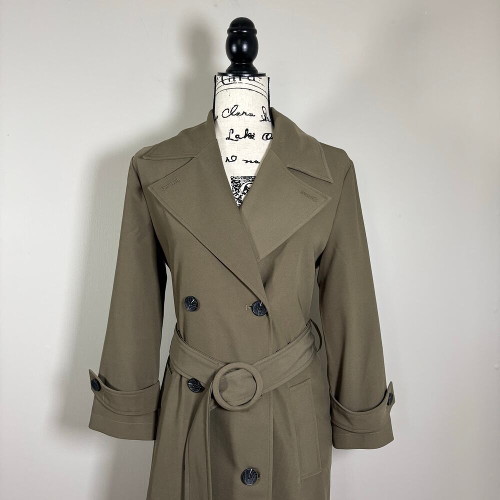 Avec Les Filles Stretch Crepe Double Breasted Belted Trench Coat Olive Green M - Picture 6 of 15